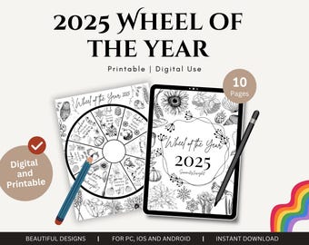 Pode incluir: Uma roda do ano imprimível e digital para 2025. A roda é dividida em 12 seções, cada uma representando uma época diferente do ano. O design é em preto e branco com um estilo desenhado à mão. O texto "Wheel of the Year 2025" está no centro da roda.