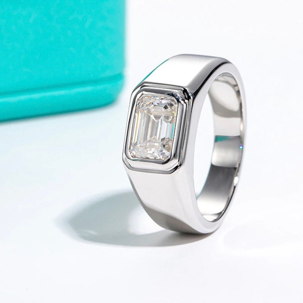 2ct Mens Moissanite Ring, 925 Sterling Silver & 18k Gold Plated, Emerald Cut Ring with Certificate, Signet Ring