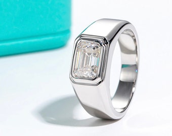 2ct Mens Moissanite Ring, 925 Sterling Silver & 18k Gold Plated, Emerald Cut Ring with Certificate, Signet Ring