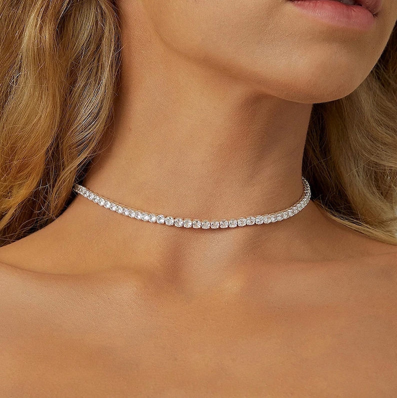 Diamond Tennis Necklace Choker 925 Sterling Silver & 18k Gold Plated