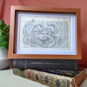 Könnte beinhalten: Gerahmte Schwarz-Weiß-Illustration eines Oktopus. Das Kunstwerk befindet sich vor einem Vintage-Buchseitenhintergrund und ist in einem hellbraunen Holzrahmen eingefasst. Der Rahmen ruht auf einem Stapel antiker Bücher mit dunklen Einbänden.