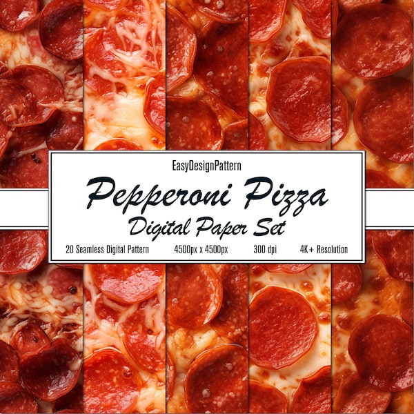 Pepperoni Pizza Digital Paper Set: 20 Realistic Seamless Patterns, Printable Scrapbook Paper, Instant Download, Commercial Use