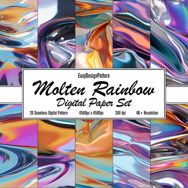 Molten Rainbow Digital Paper Set: 20 Vivid Seamless Patterns, Printable Scrapbook Paper, Instant Download, Commercial Use
