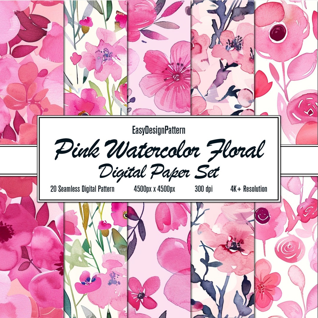 Pink Watercolor Floral Digital Paper Set: 20 Seamless Patterns for Arts ...