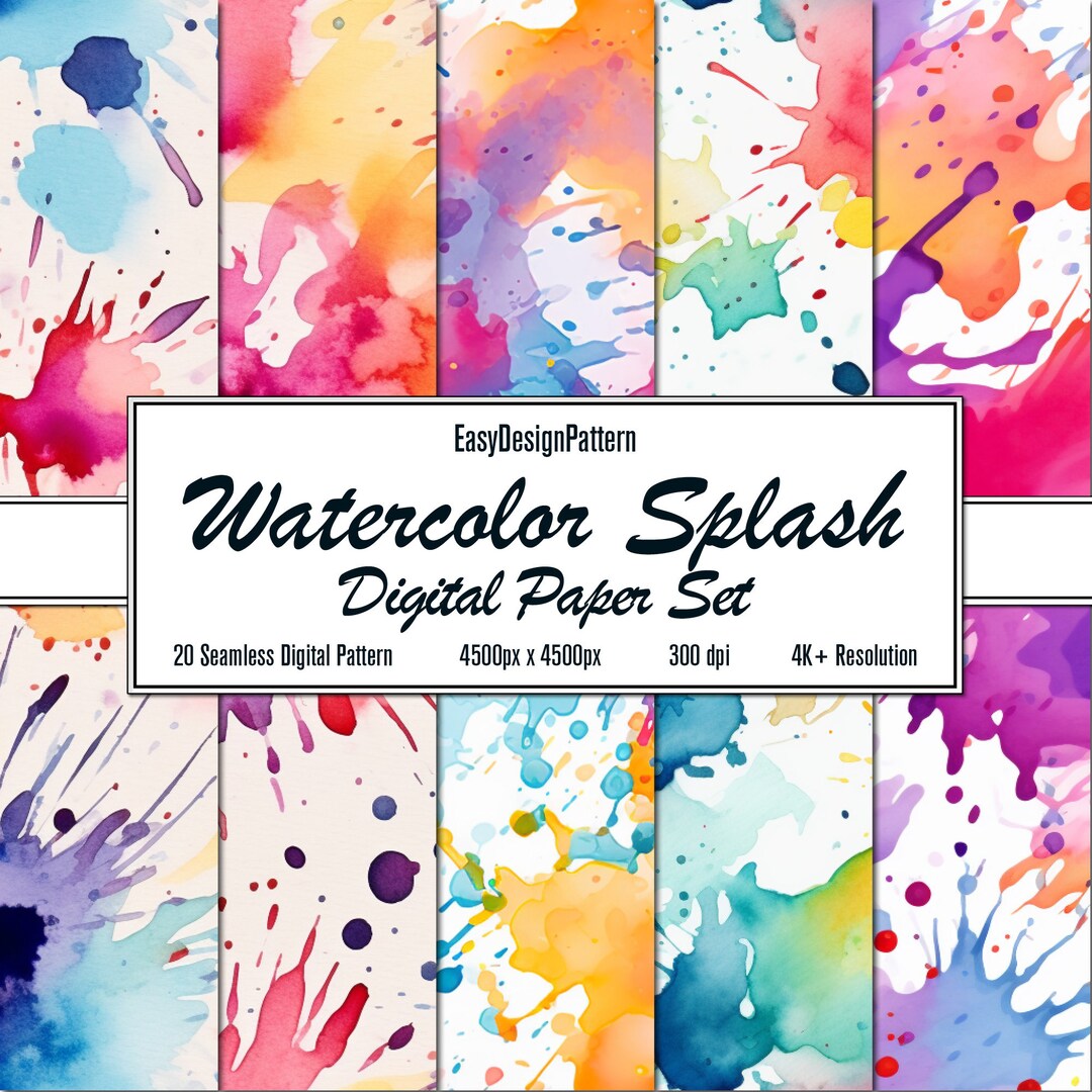 Watercolor Splash Digital Paper Set: 20 Colorful Seamless Patterns ...