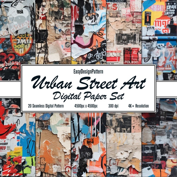 Urban Street Art Canvas Digital Paper Set: 20 Printable Graffiti & Painted Seamless Digital Patterns, Commercial Use