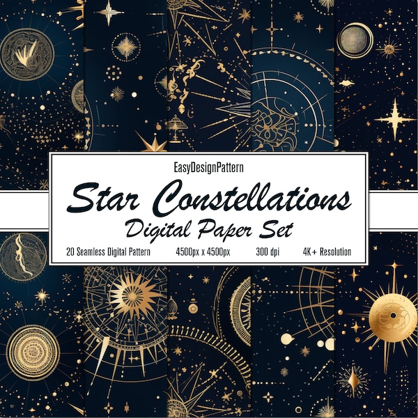 Star Constellations Digital Paper Set: 20 Seamless Patterns, Celestial Night Sky Star Backgrounds, Gold Star Scrapbook Paper Instant Download