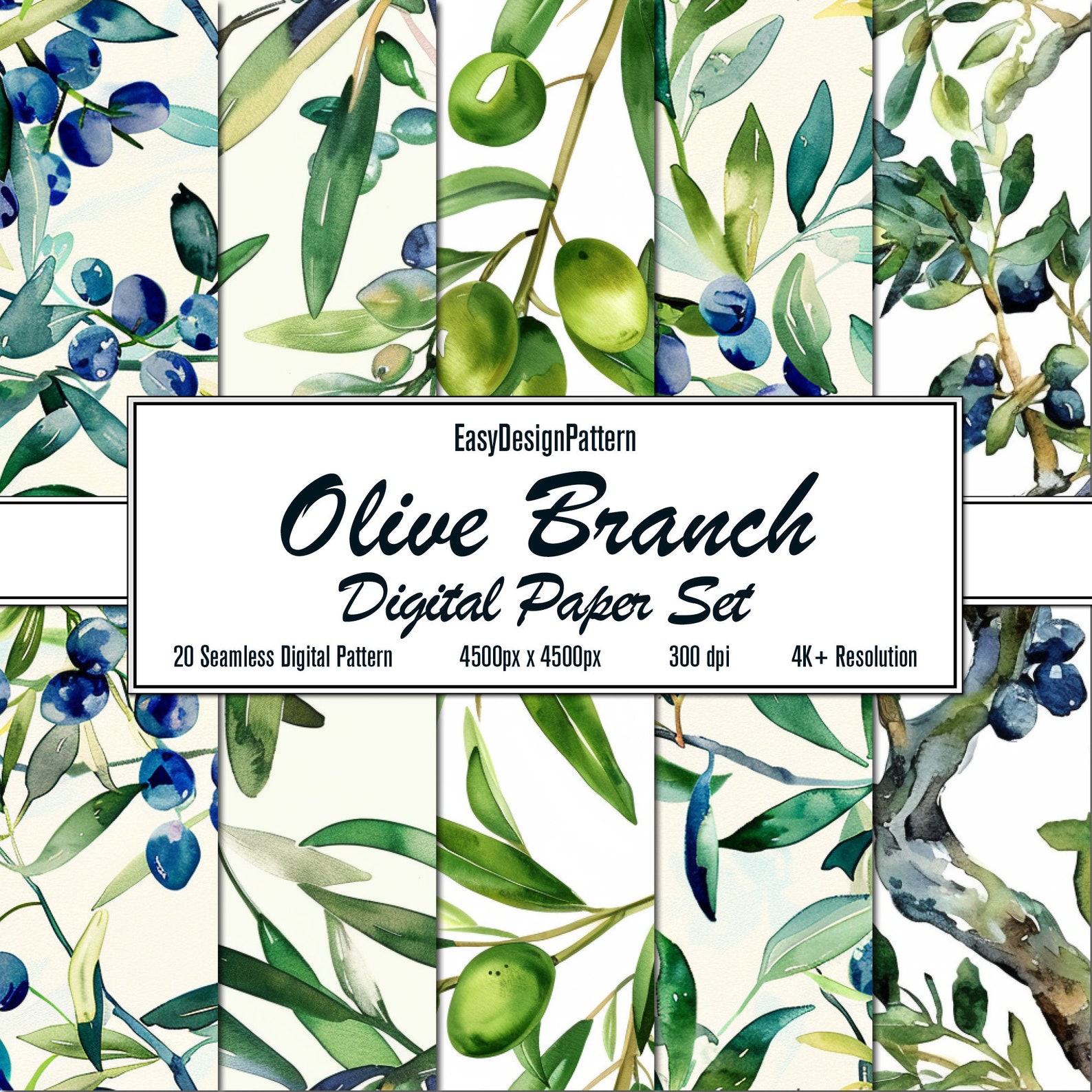 Olive Branch Digital Paper Set: 20 Seamless Patterns for Arts &amp; Crafts ...