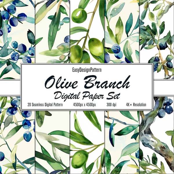 Olive Branch Digital Paper Set: 20 Seamless Patterns for Arts & Crafts, Printable Scrapbook Paper, Instant Download, Commercial Use