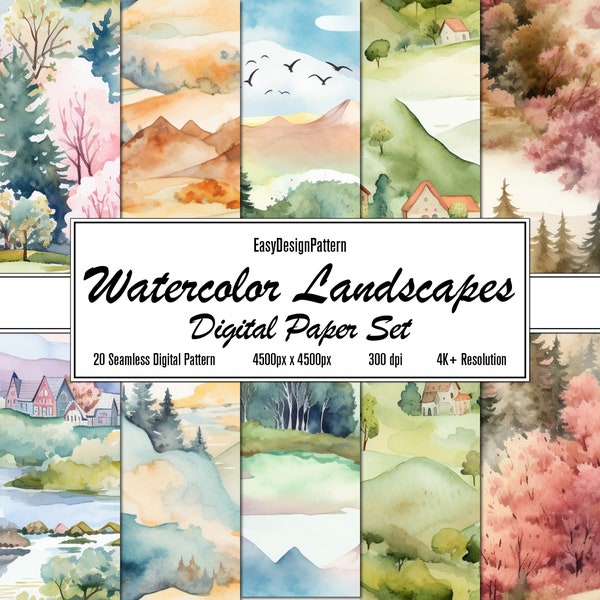 Watercolor Landscapes Digital Paper Set: 20 Scenic Seamless Patterns for Creative Ventures, 4K Resolution, Commercial Use