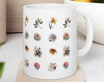 Cute Flower Ceramic Mug 11oz, Cute Coffee Mug, Flower Mug, Floral Mug, Coffee Lover Gift, Mug for Mom