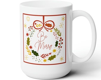 Taza de cerámica navideña de 15 oz, taza de café navideña, taza de café festiva de Navidad, linda taza con corona navideña, lindo regalo de Navidad