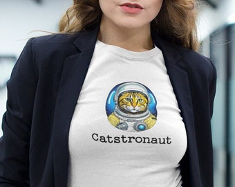 Catstronaut ユニセックス ジャージー 半袖 T シャツ、猫シャツ、猫好きへのギフト、面白い猫 T シャツ、宇宙飛行士シャツ、宇宙飛行士ギフト、宇宙 T シャツ