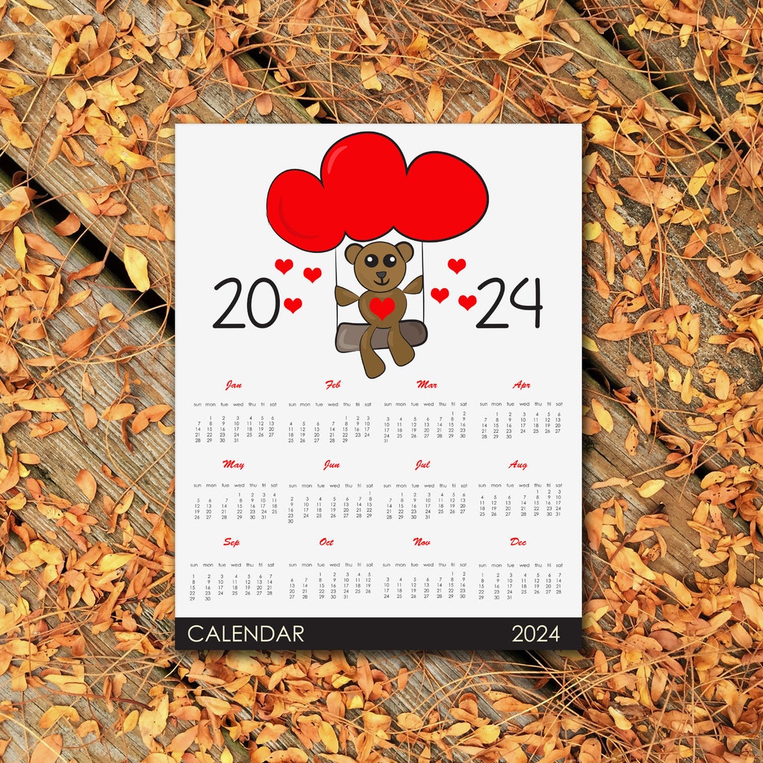 Cute Teddy Bear New Year Calendar 2024 Printable Calendar 2024