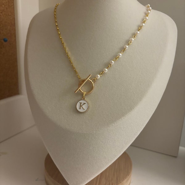 Kathryn Style Initial Necklace 18k gold plated (custom letter, will not tarnish), mother of pearl-esque charm, handmade pearl chain, letter