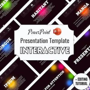 Puede incluir: Una plantilla de presentación de PowerPoint con las palabras "Presentation Template" e "Interactive" en un cuadro blanco. El fondo es oscuro con varios elementos de texto y destellos de luz coloridos.