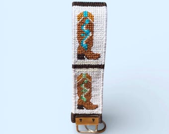 Custom Cowboy Boot Keychain Embroidered Western Key Fob Wristlet Personalized Gift for Her Rodeo Car Accessory