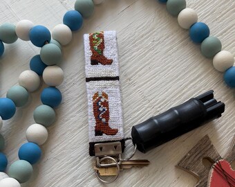 Custom Cowboy Boot Western Keychain Lanyard Embroidered Western Wristlet Country Style Key Fob Personalized Gift for Her Rodeo Car Accessory