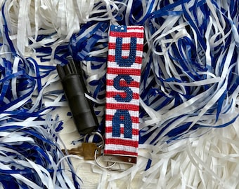 USA Flag Design Cross Stitch Keychain Handmade Americana Gift Leather Patriotic Keychain Wristlet Independence Day Gift for girls