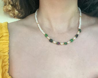Freshwater Pearl and Unakite Necklace, Handmade Uniqie Design ##SS24