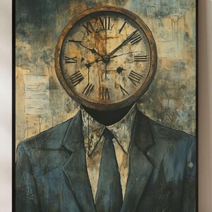 May include: An artistic painting of a person with a clock face for a head, wearing a blue suit and tie. The clock face has Roman numerals and is set against a textured, abstract background. The artwork is framed.