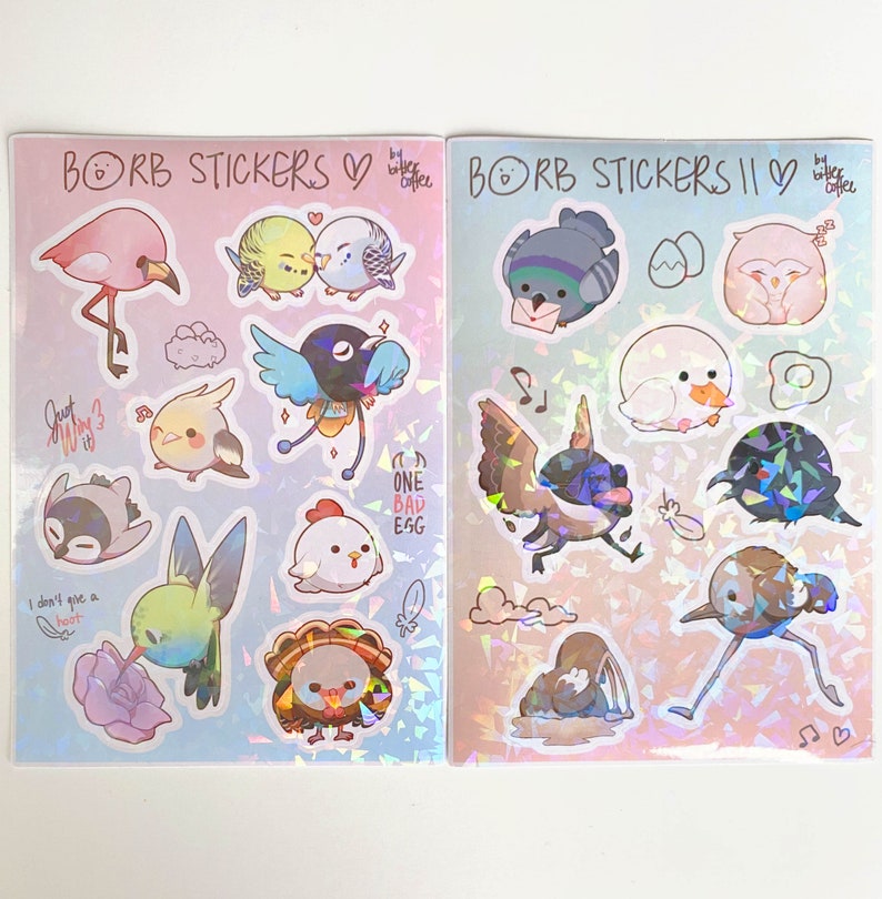 Borb Sticker Sheets Vinyl Holographic Round bird stickers with rainbow holo image 2