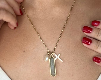Bijoux en perles GRoldie pour femme, collier de pierres précieuses fait main, pendentif de perle de labradorite plaqué or, breloque en forme de croix, cadeau unique pour elle