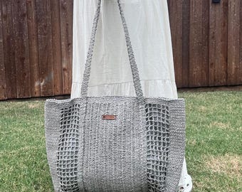 Gray Raffia Tote Bag, Large Handmade Knitted Straw Shopper, Natural Summer Beach Tote