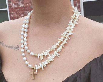 Bijoux croix de perles pour femme collier de perles en pierre naturelle fait main collier multi-rangs pendentif croix collier en or blanc cadeau fête des mères