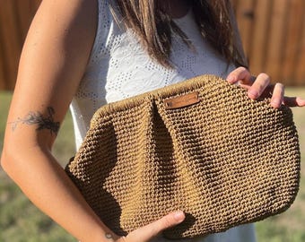 Handmade Knitted Raffia Clutch Bag – Natural Straw Purse – Boho Summer Tote for Christmas Gift