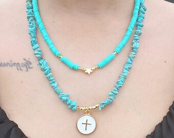 Turquoise Multi‑Strand Layered Necklace with White Accents – Handmade Gemstone Jewelry for Christmas Gift