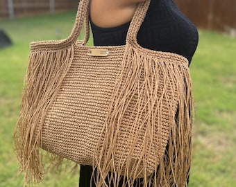 Hand-Knitted Raffia Fringe Shoulder Bag | Natural Boho Beach Tote for Women