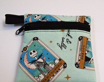 Goth Themed Coin Pouches, Jack, Coco, Skulls and Roses,  Flat Zipper Coin Purse, Credit Card Wallet, Earbud Pouch, gift card bag