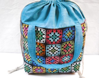 Granny Square Box Bottom Knitting Project Bag - Spacious with Handles and Drawstring, Gift for Knitter