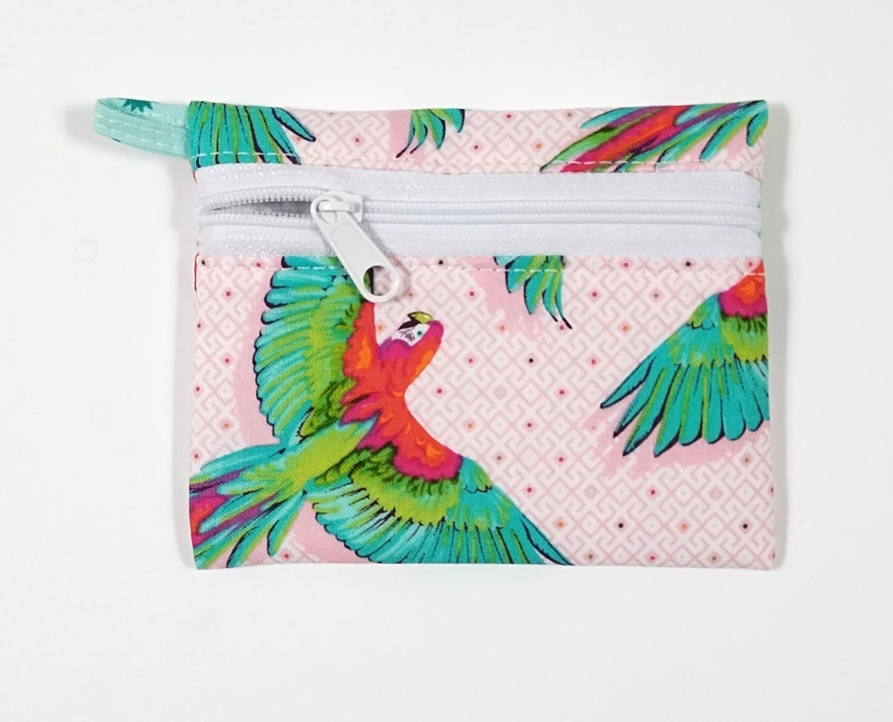 Tula Pink “Macaw Ya Later" or "Mint Fairy Dust True Color" Flat Zipper Coin Purse,  Credit Card Wallet, Earbud/Business Card holder