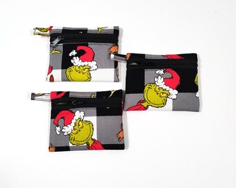 Grinch Coin Zipper Pouch - Grinch on Black Buffalo Check Christmas Cotton Fabric, Fully Lined,  Perfect  Coins,  Gift Card Holder