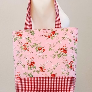 Handmade Floral Quilted Tote Bag: Pink Cotton with Red Gingham