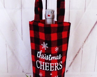 Tartan Wine Gift Bag - Red and Black with Embroidered &#39;Christmas Cheers&#39; and Snowflakes - Fully Lined Host/Hostess Gift Bag