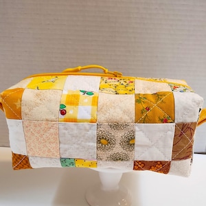 Patchwork Quilted Zipper Pouch, Yellow Floral Cosmetic Bag, Travel Organizer