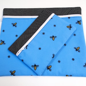 Bees and Flowers Project Bag, Embroidered Bees and Flowers on Blue Fabric - Handmade Project Bag or Notions Bag, Cross Stitch Project Bag
