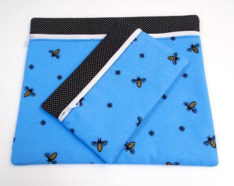 Bees and Flowers Project Bag, Embroidered Bees and Flowers on Blue Fabric - Handmade Project Bag or Notions Bag, Cross Stitch Project Bag