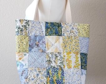 Floral Quilted Tote Bag: Handmade Blue & Yellow Patchwork Design