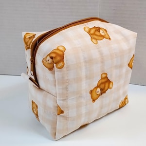Quilted Teddy Bear Makeup Bag, Gingham Cosmetic Pouch, Travel Toiletry Organizer
