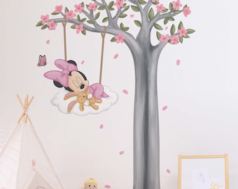 Vintage Cartoon Pink Baby Minnie Mouse Wall Decal Wall Sticker Baby Minnie Mouse Sitting On Cloud Wall Art For Nursery Room Girl Room Decor