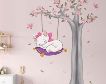 Pink Classic Cat Wall Decal Aristocat Sitting on pillow Wall Sticker Wall Art Classic Cartoon Wallpaper Girl Nursery Room Decor Removable