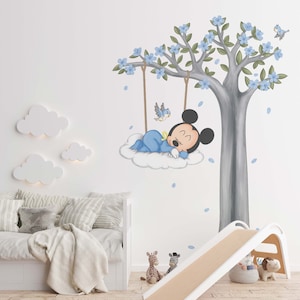 Adesivo da parete con Topolino blu, adesivo da parete con Topolino seduto su una nuvola, carta da parati artistica da parete, decorazione per la cameretta dei bambini