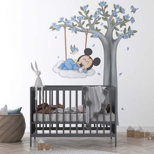 Blue Baby Mickey Mouse Wall Decal Wall Sticker Baby Mickey Mouse Sitting On Cloud Wall Art Wallpaper Nursery Room Boy Room Decor