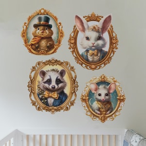 Cornice dorata Adesivo da parete Coniglio Adesivo da parete Procione Arte da parete Carta da parati animale Decalcomanie per topo Cornice in stile vittoriano Decorazione del soggiorno
