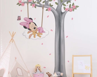 Disney Wall Art Pink Baby Minnie Mouse Wall Decal Wall Sticker Baby Minnie Mouse Sitting On Cloud Wall Art For Nursery Room Girl Room Decor