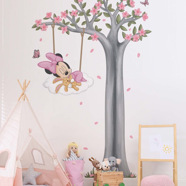 Disney Wall Art Pink Baby Minnie Mouse Wall Decal Wall Sticker Baby Minnie Mouse Sitting On Cloud Wall Art For Nursery Room Girl Room Decor